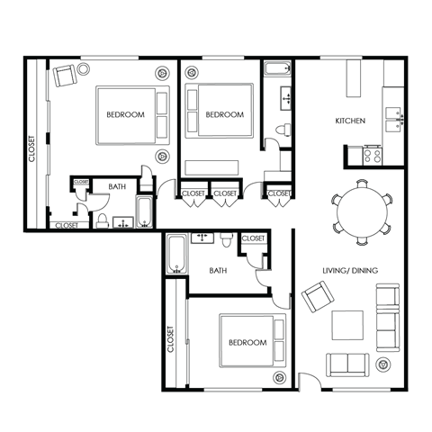 Floor plan for 3 beds, 3 baths, 2298 sqft